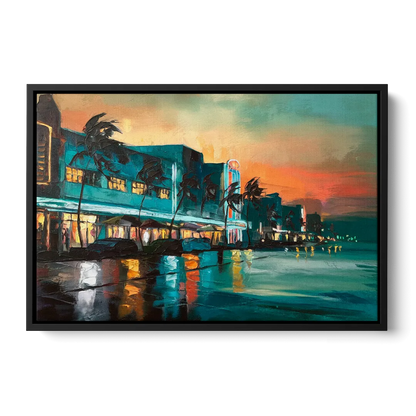 Miami Ocean Drive Lights Front - Black Canvas Wall Art