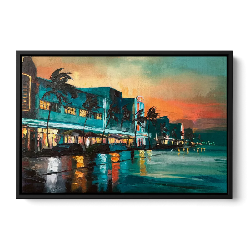 Miami Ocean Drive Lights Front - Black Canvas Wall Art
