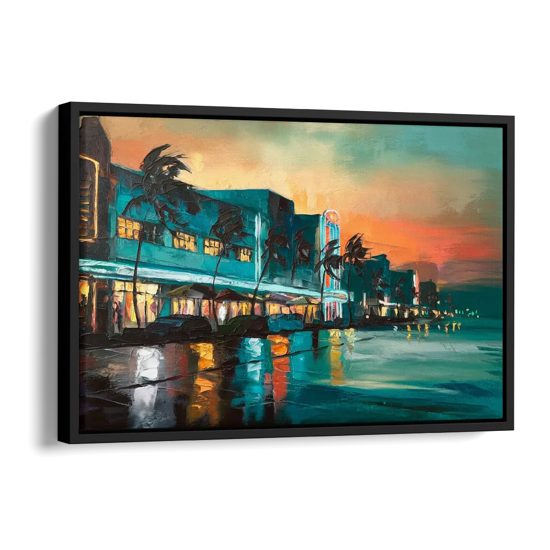 Miami Ocean Drive Lights Side - Black Canvas Wall Art