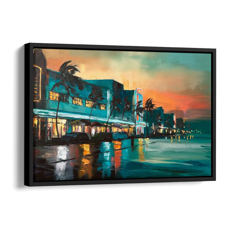 Miami Ocean Drive Lights Side - Black Canvas Wall Art