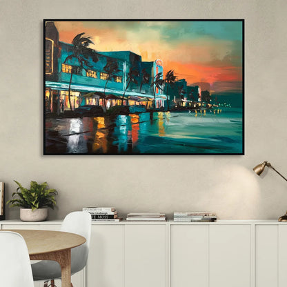 Miami Ocean Drive Lights Living Room - Black Canvas Wall Art