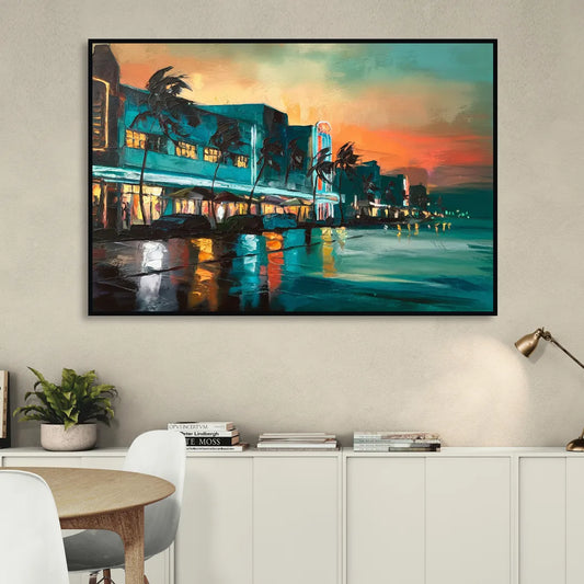 Miami Ocean Drive Lights Living Room - Black Canvas Wall Art