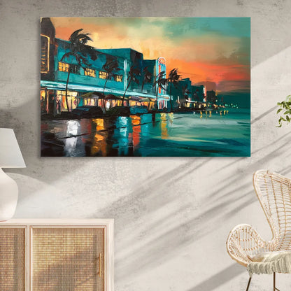 Miami Ocean Drive Lights Living Room - Canvas Wall Art