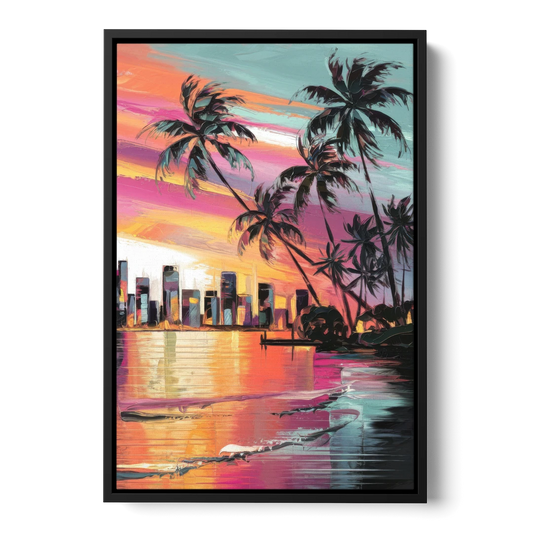 Miami Palm Trees and Sunset - Black Framed Canvas Wall Art - Front