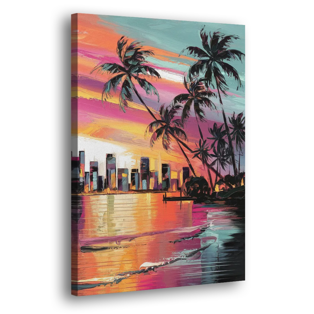 Miami Palm Trees and Sunset Side - Canvas Wall Art
