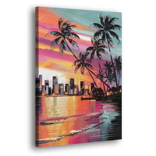 Miami Palm Trees and Sunset Side - Canvas Wall Art