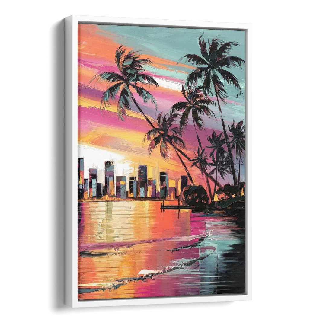 Miami Palm Trees and Sunset Side - White Canvas Wall Art