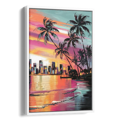 Miami Palm Trees and Sunset Side - White Canvas Wall Art