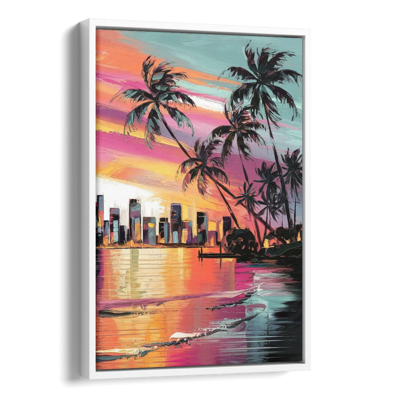 Miami Palm Trees and Sunset Side - White Canvas Wall Art