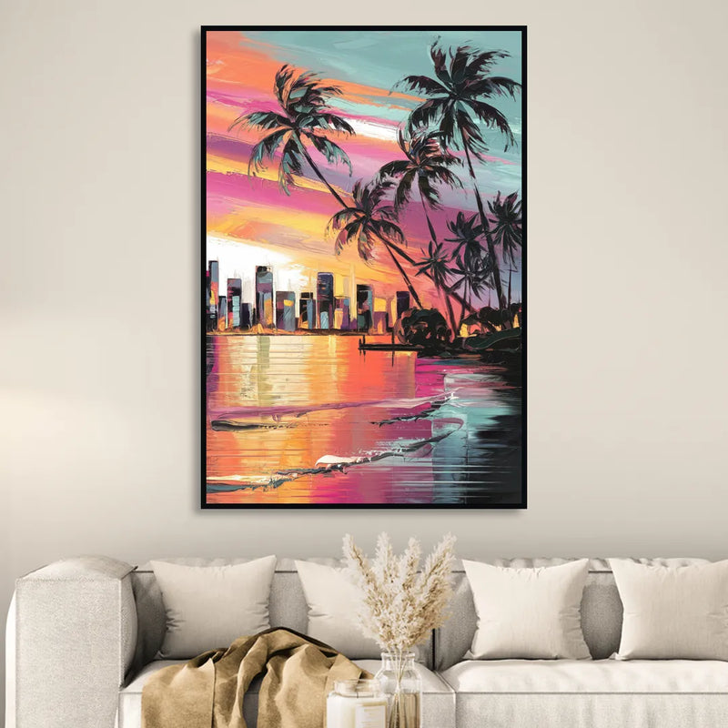 Miami Palm Trees and Sunset Living Room - Black Canvas Wall Art