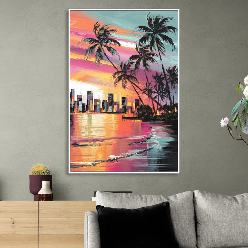 Miami Palm Trees and Sunset Sitting Room - White Canvas Wall Art