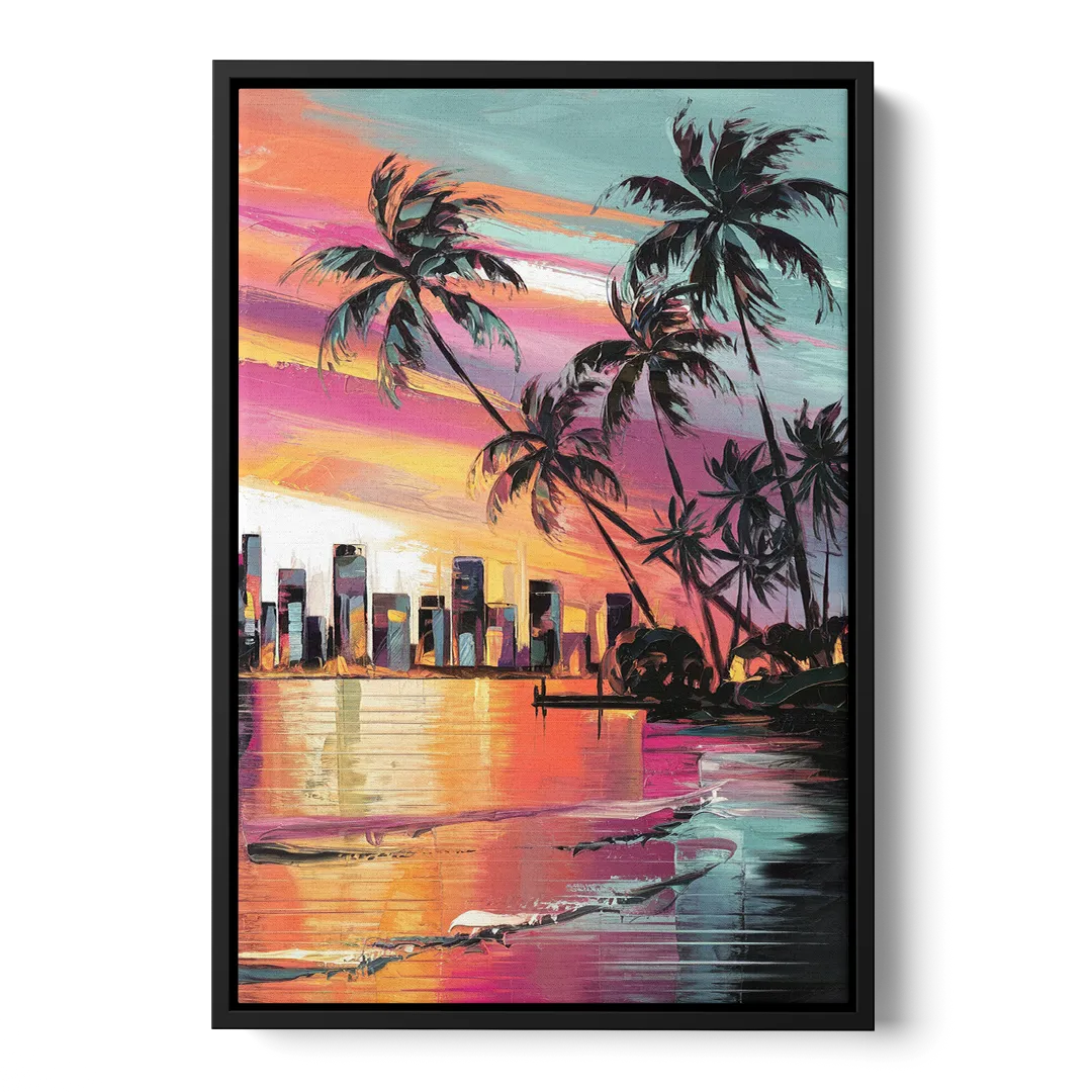 Miami Palm Trees and Sunset Front - Black Canvas Wall Art