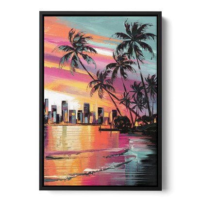 Miami Palm Trees and Sunset Front - Black Canvas Wall Art