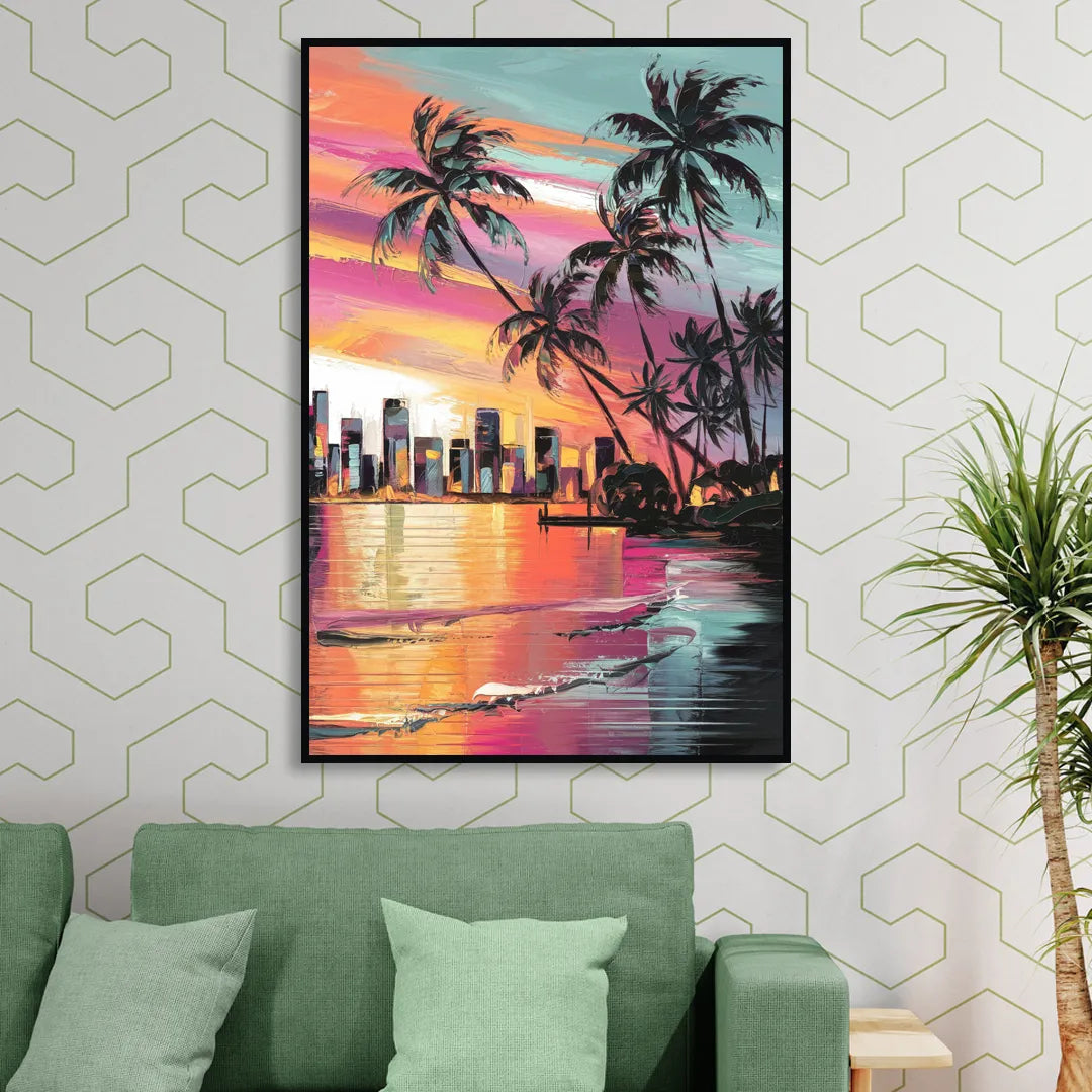 Miami Palm Trees and Sunset Sitting Room - Black Canvas Wall Art