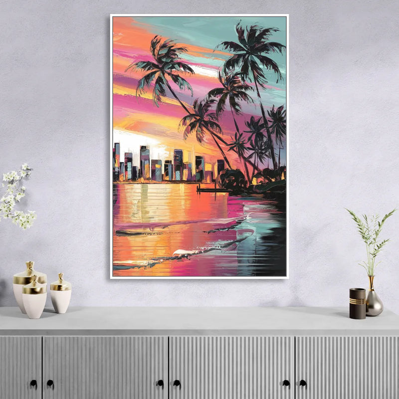 Miami Palm Trees and Sunset Living Room - White Canvas Wall Art