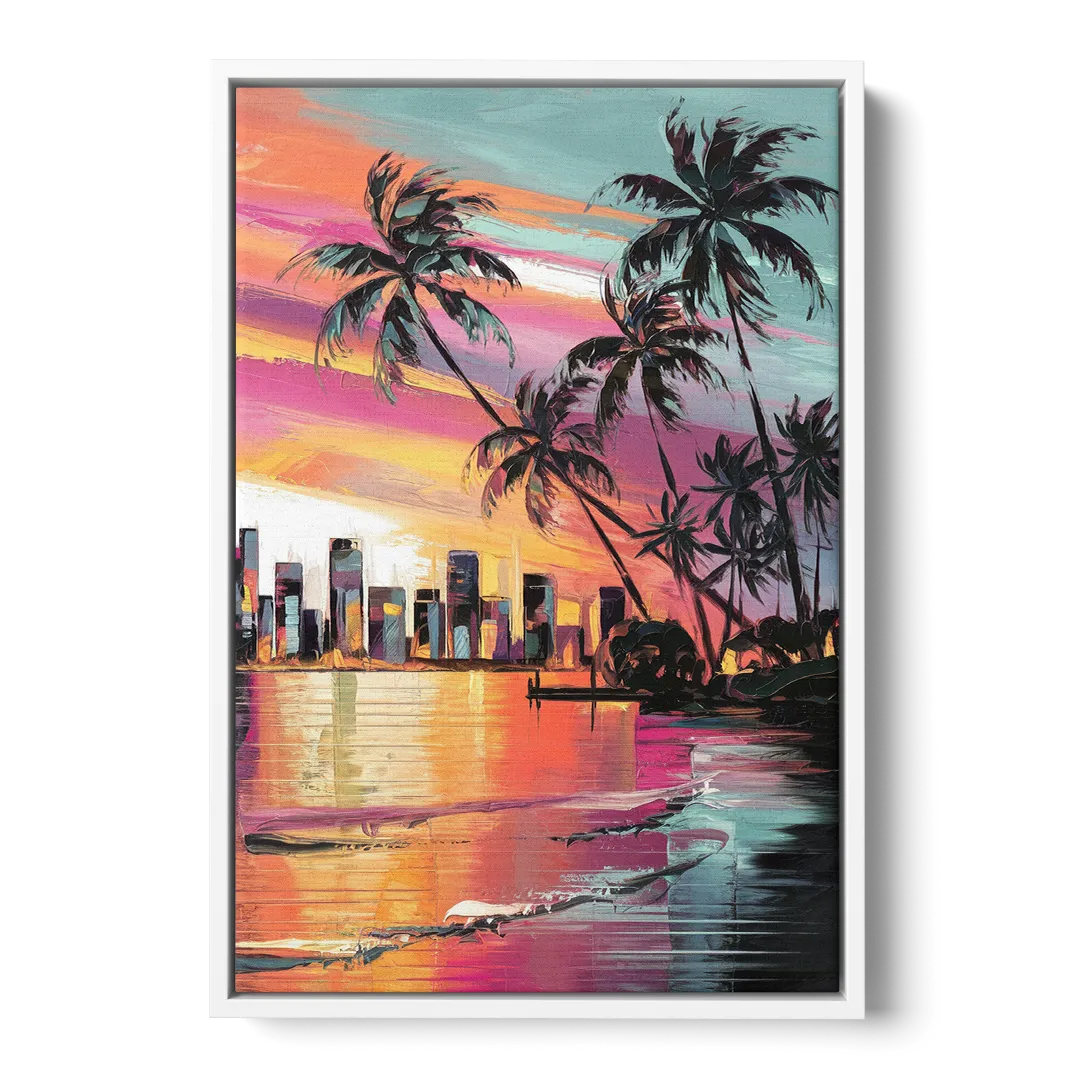 Miami Palm Trees and Sunset Front - White Canvas Wall Art