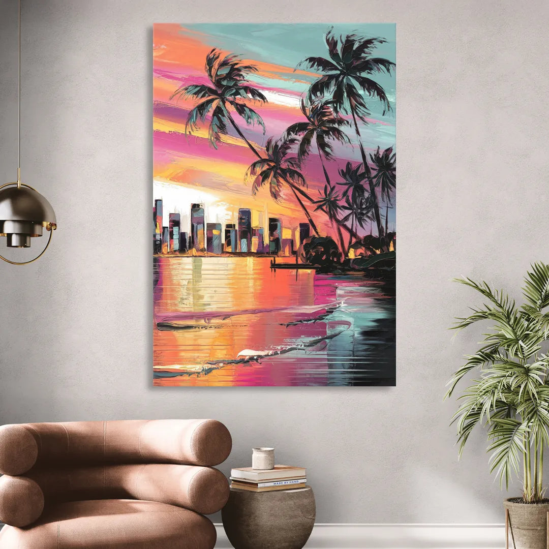 Miami Palm Trees and Sunset Sitting Room - Canvas Wall Art