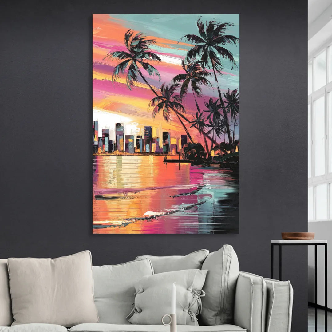 Miami Palm Trees and Sunset Living Room - Canvas Wall Art