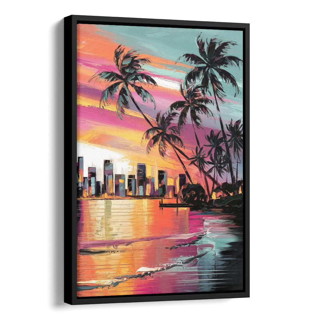 Miami Palm Trees and Sunset Side - Black Canvas Wall Art