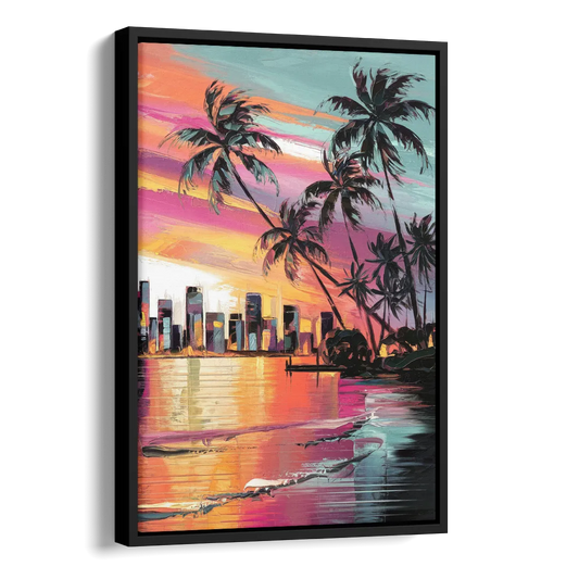 Miami Palm Trees and Sunset Side - Black Canvas Wall Art