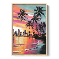 Miami Palm Trees and Sunset - Oak Framed Canvas Wall Art - Front