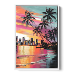 Miami Palm Trees and Sunset - White Framed Canvas Wall Art - Front