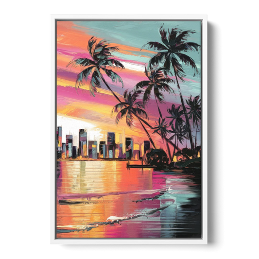 Miami Palm Trees and Sunset - White Framed Canvas Wall Art - Front