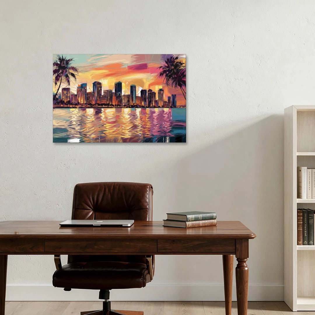 Miami Skyline At Sunset - Canvas Wall Art - Office - 36x24
