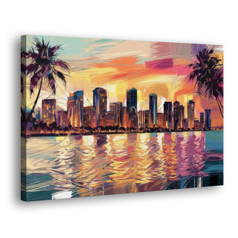 Miami Skyline At Sunset - Canvas Wall Art - Side