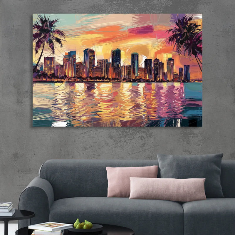Miami Skyline At Sunset Sitting Room - Canvas Wall Art