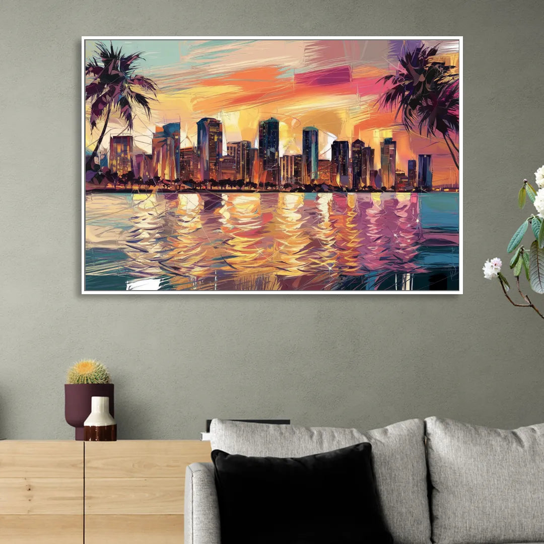 Miami Skyline At Sunset Sitting Room - White Canvas Wall Art