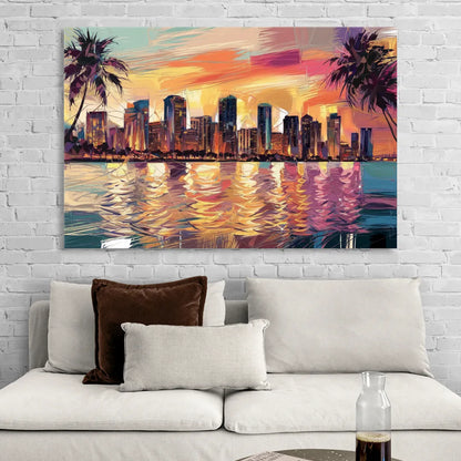 Miami Skyline At Sunset Living Room - Canvas Wall Art