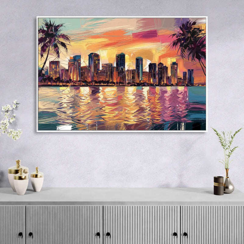 Miami Skyline At Sunset Living Room - White Canvas Wall Art