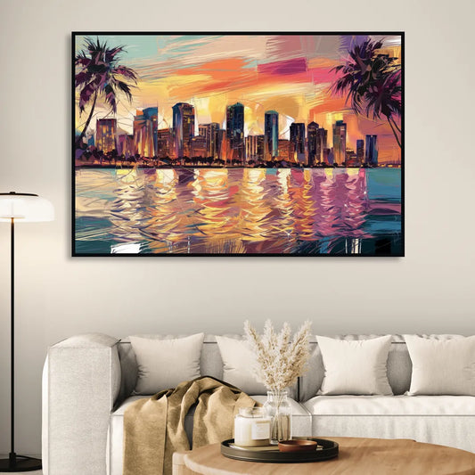 Miami Skyline At Sunset Living Room - Black Canvas Wall Art