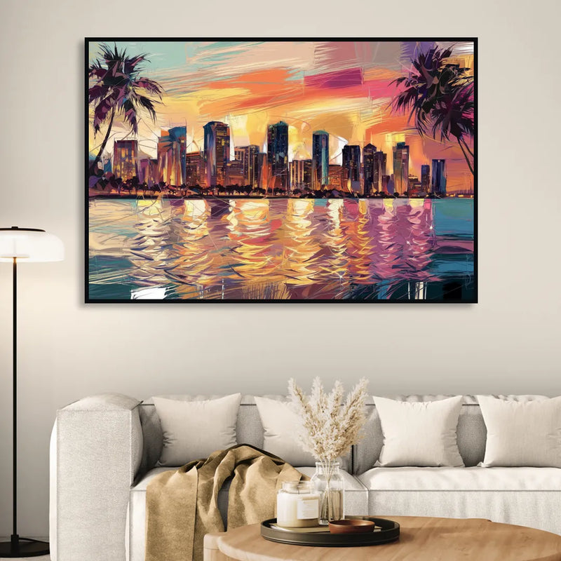 Miami Skyline At Sunset Living Room - Black Canvas Wall Art