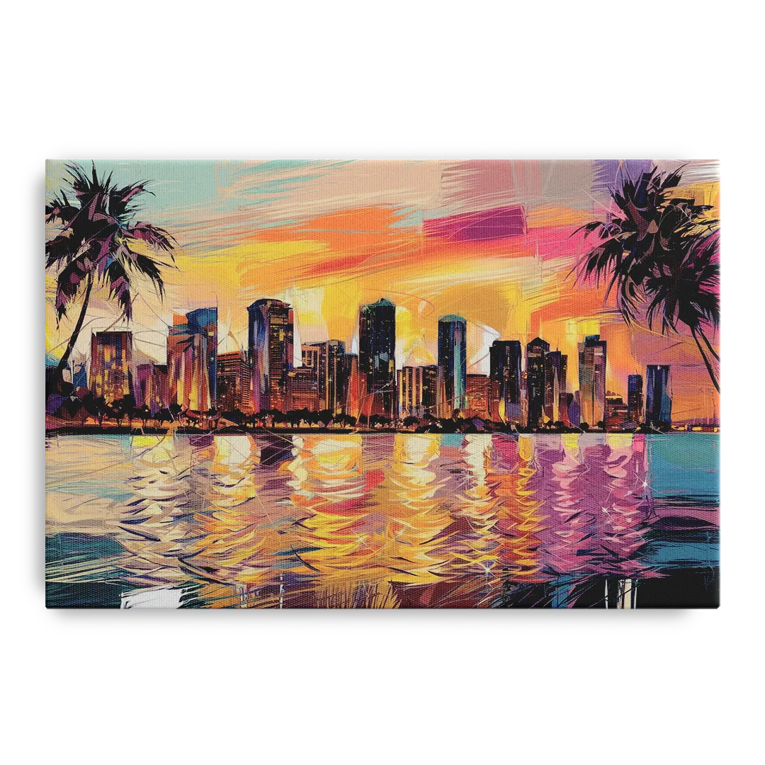Miami Skyline At Sunset Front - Canvas Wall Art