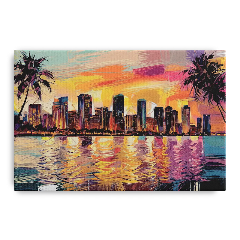 Miami Skyline At Sunset Front - Canvas Wall Art