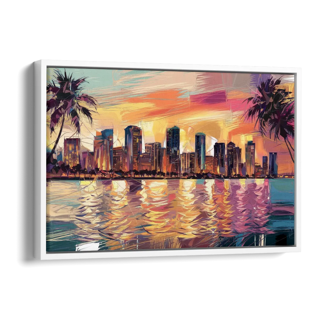 Miami Skyline At Sunset Side - White Canvas Wall Art