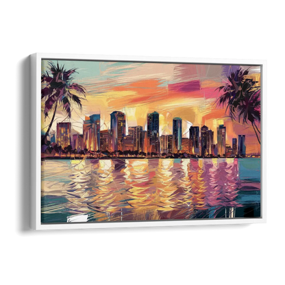 Miami Skyline At Sunset Side - White Canvas Wall Art