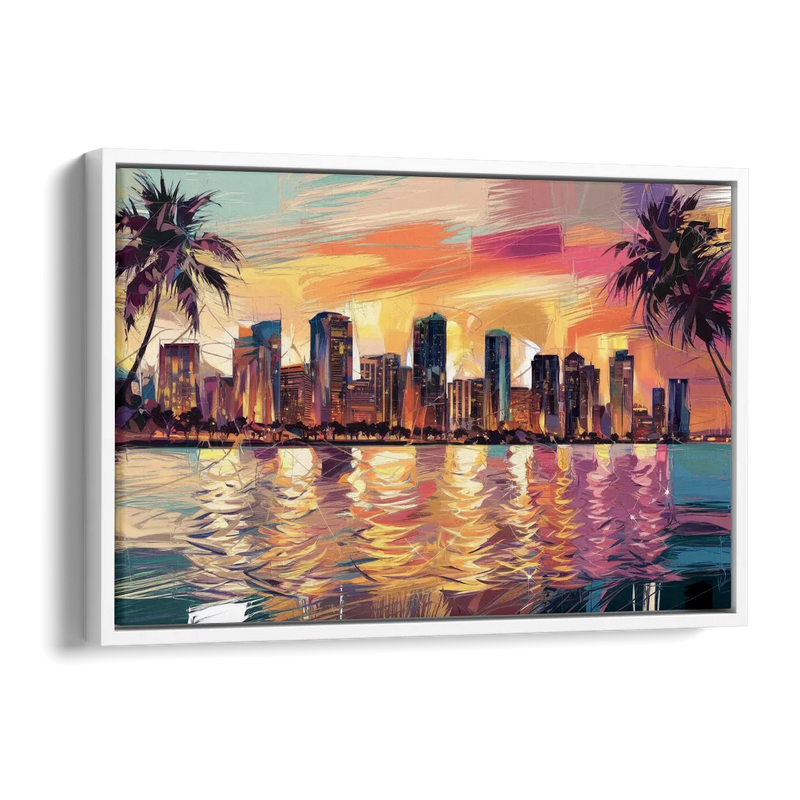 Miami Skyline At Sunset Side - White Canvas Wall Art