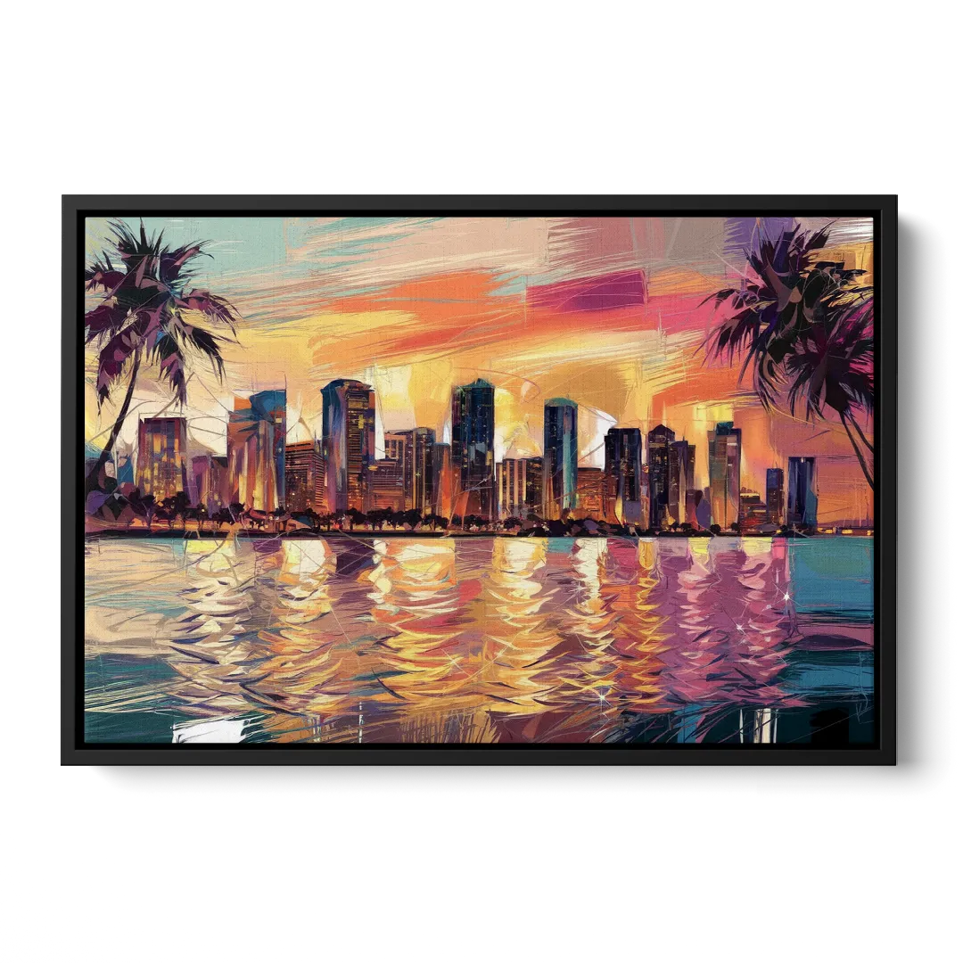 Miami Skyline At Sunset Front - Black Canvas Wall Art
