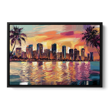 Miami Skyline At Sunset Front - Black Canvas Wall Art
