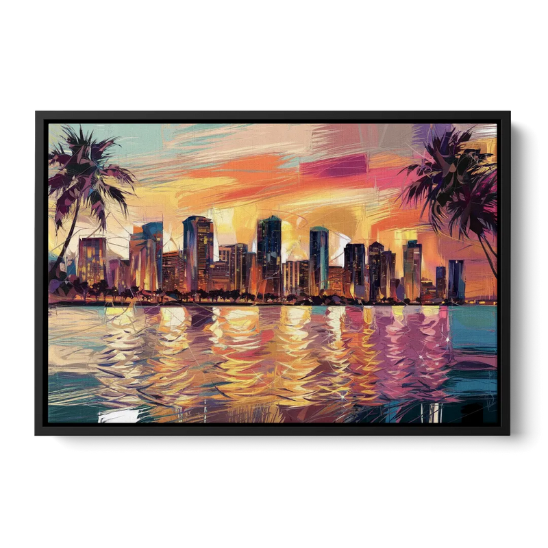Miami Skyline At Sunset Front - Black Canvas Wall Art