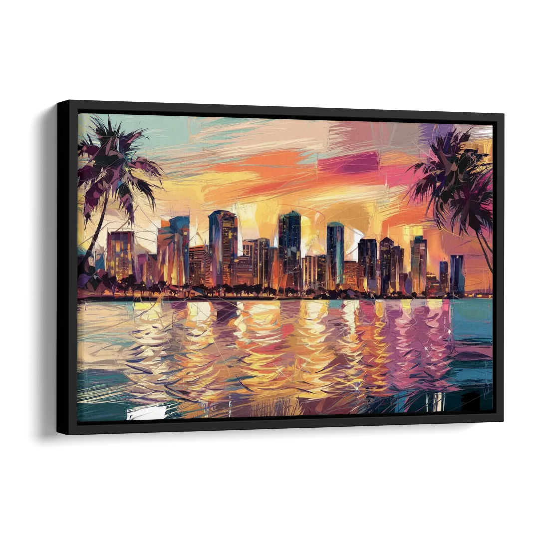 Miami Skyline At Sunset Side - Black Canvas Wall Art