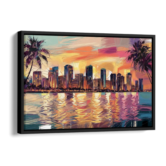 Miami Skyline At Sunset Side - Black Canvas Wall Art