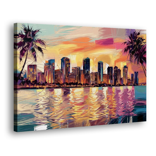 Miami Skyline At Sunset Side - Canvas Wall Art