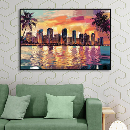 Miami Skyline At Sunset Sitting Room - Black Canvas Wall Art