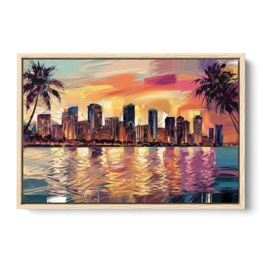 Miami Skyline At Sunset - Oak Framed Canvas Wall Art - Front