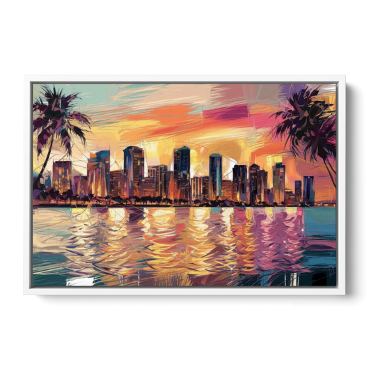 Miami Skyline At Sunset - White Framed Canvas Wall Art - Front