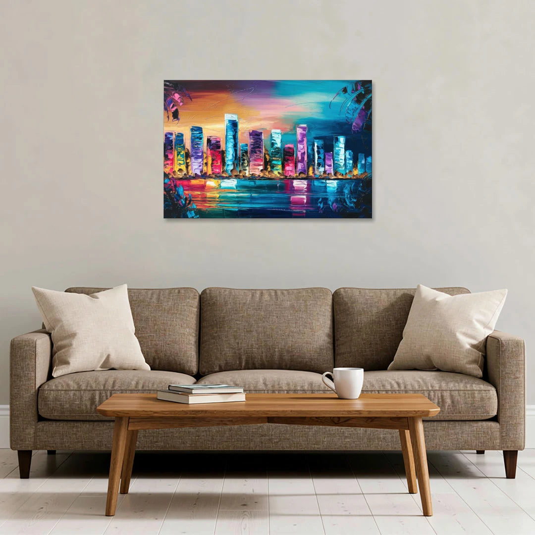 Miami Skyline Reflection - Canvas Wall Art - Sofa - 36x24